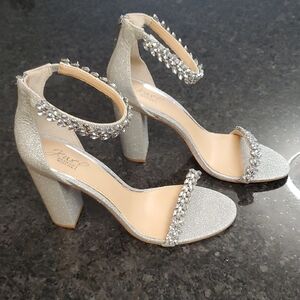 Jewel By Badgley Mischka Silver Embellished Sandals With Block Heels
